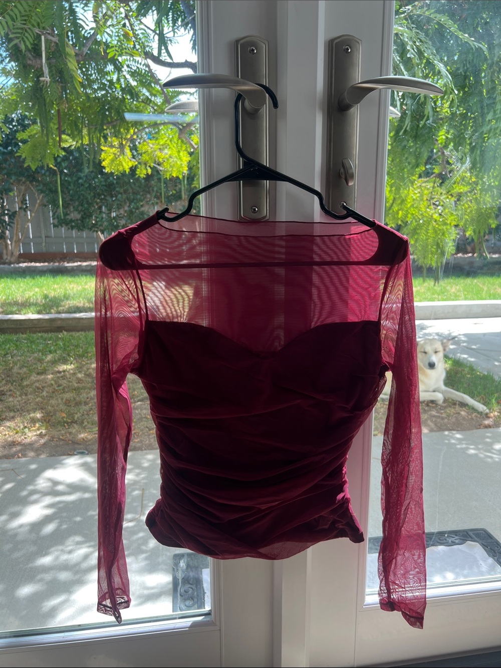 Sheer Long-Sleeve Ruched Top in Wine